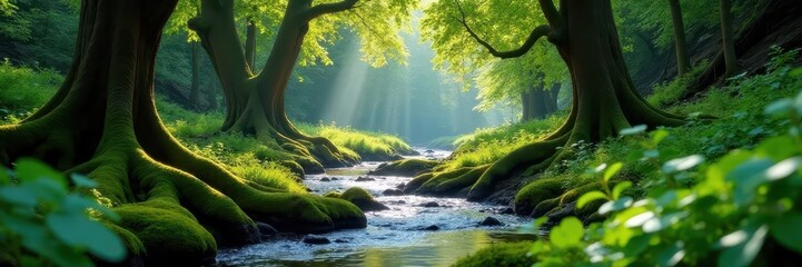 Fototapeta premium Ancient trees draped in moss, river cutting through dense growth, August, dark