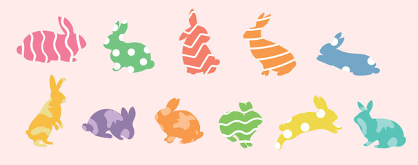 Bright silhouettes of rabbits filled with doodle style drawings. Various bright bunnies, elements for Easter designs, cards, invitations