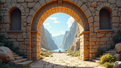 This is a digital rendering or artwork depicting a Christian-themed scene with a prominent archway leading to a mountainous landscape under a blue sky.
