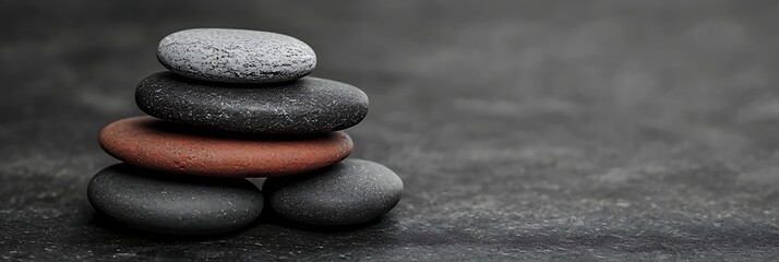 A serene stack of smooth stones in varying colors, symbolizing balance and tranquility against a dark background.