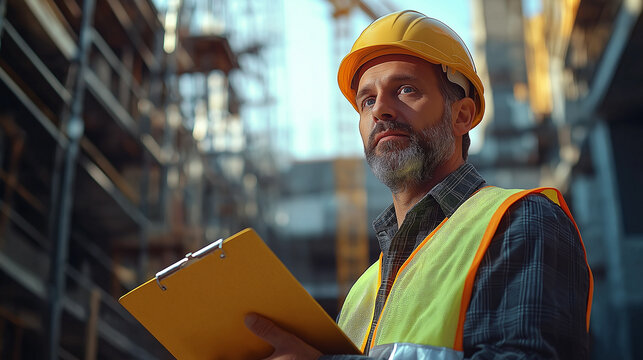A confident construction engineer in a white helmet, yellow vest, and safety glasses stands with arms crossed, overseeing an active site with cranes and scaffolding.