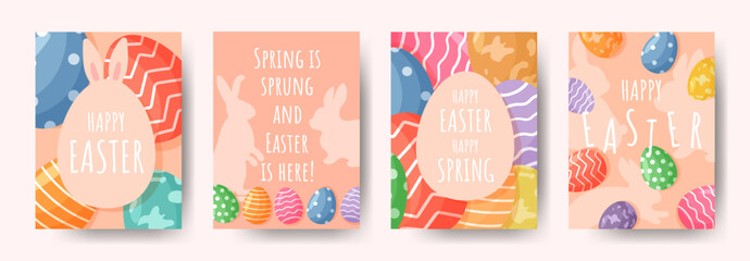 Easter colorful set of cards. Easter eggs, bunnies and congrats on Easter and spring. Cute rabbits and playful eggs. Set of bright posters and backgrounds for holiday