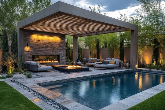 Modern outdoor living space with pool and elegant wooden arbor featuring fire pit, ambient lighting, and comfortable seating in Las Vegas.