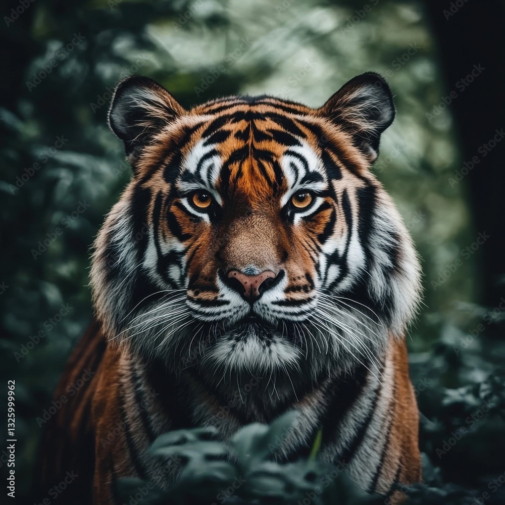 Poster Sharp close-up of a tiger’s face showcasing its intense gaze and striking features in a natural setting
