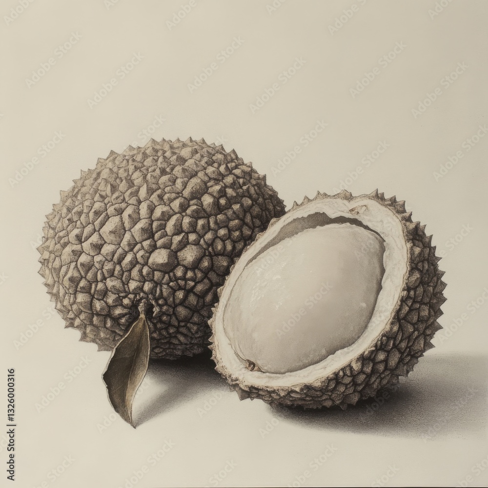 Poster lychee with rough shell and smooth interior sketched in detailed pencil drawing on textured paper