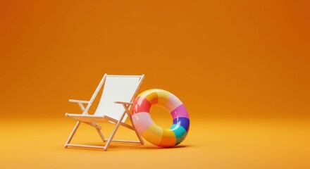 Beach chair and colorful lifebuoy on vibrant orange background
