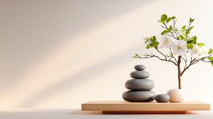 Balanced stones with a small flowering tree create a tranquil, minimalist decor.