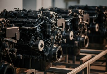 Industrial engines lined up in a manufacturing facility for assembly