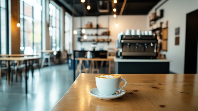 A cozy winter evening inside a loft coffee shop, steam rising from hot coffee cups