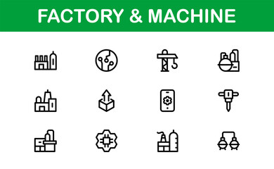 Factory and Machine Icon Set. Essential Collection for Industrial, Manufacturing, and Production Designs