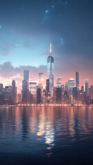 Obraz premium A stunning futuristic city stretching into the sky, with neon lights shimmering under a cosmic backdrop, evoking a sci-fi dream. 