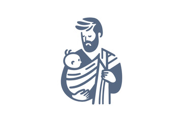 Minimalistic hand-drawn father carrying baby in sling