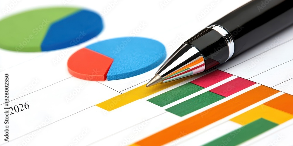 Poster a close-up of a pen over colorful charts and graphs, illustrating data analysis or financial reports