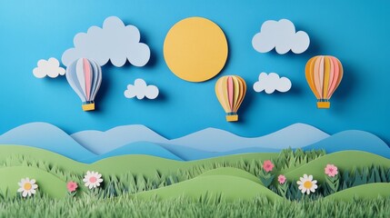 5.A layered paper-cut landscape showing a blue sky with a golden sun, drifting white clouds, and vibrant balloons floating above. The foreground includes a grassy plain with wildflowers, a smooth