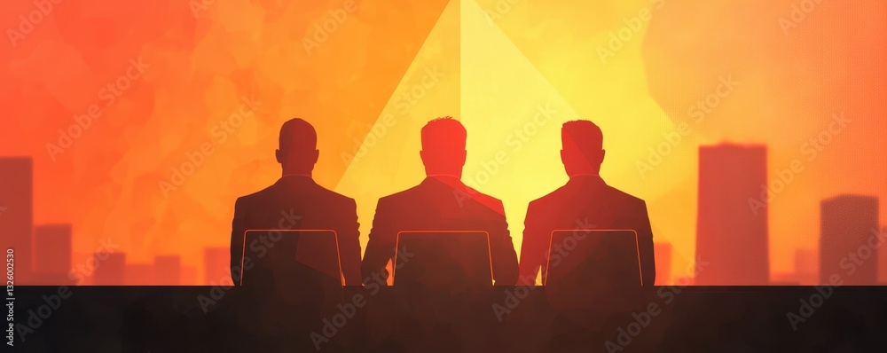 Aufkleber three silhouetted figures watch a vibrant sunset behind a pyramid, creating a mysterious and contemp