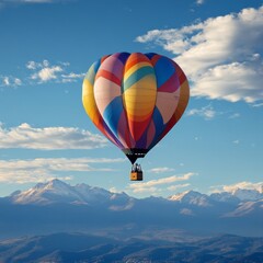 Colorful Hot Air Balloon Flying Over Serene Mountain Landscape
