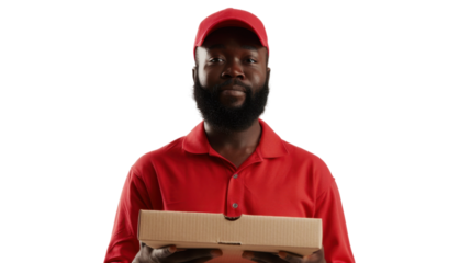 Delivery man holding pizza box on transparent background