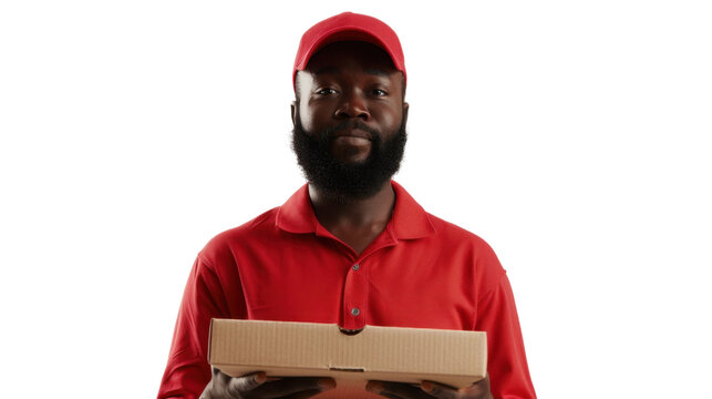 Delivery man holding pizza box on transparent background