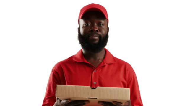 Delivery man holding pizza box on transparent background