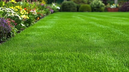 Freshly Mowed Lawns A lush, freshly cut lawn extending into the distance, bordered by colorful flowerbeds and trees, creating a picturesque suburban scene.