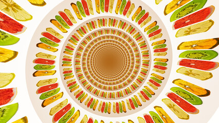 fresh citrus fruits in an infinite depth spiral descending effect animation, optical illusion