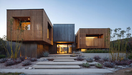 Fototapeta premium This contemporary building showcases a blend of wooden and metal materials with unique geometric structures. It is set against a twilight sky, surrounded by landscaping and pathways