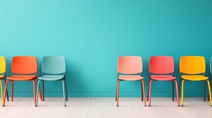 Modern Classroom with Desks and Chairs A bright, modern classroom with colorful desks and chairs arranged in a collaborative setting, promoting interactive learning.