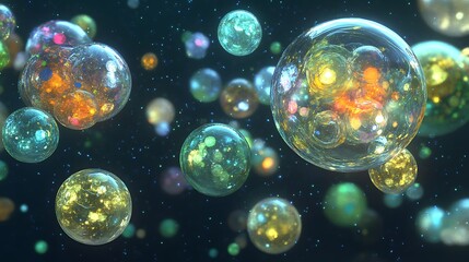 Naklejka premium Spheres float with vibrant internal designs in space. Tech or science background
