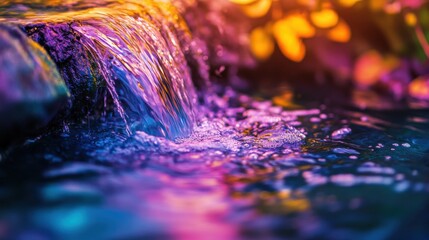 Vibrant water displays illuminated by glowing colors in a tranquil natural setting