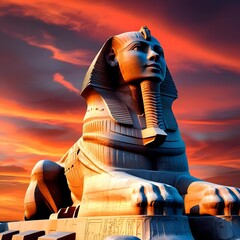 An AI-generated image of a 3D model of a Sphinx statue at Giza in Egypt at sunset. A sphinx is a mythical creature with the head of a human, the body of a lion