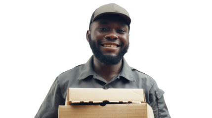 Smiling delivery man holding cardboard boxes on transparent background