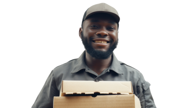 Smiling delivery man holding cardboard boxes on transparent background