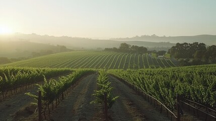 Obraz premium Serene Vineyard at Sunrise Rolling Hills and Lush Green Vines