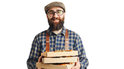 Smiling pizza maker holding pizza boxes on transparent background