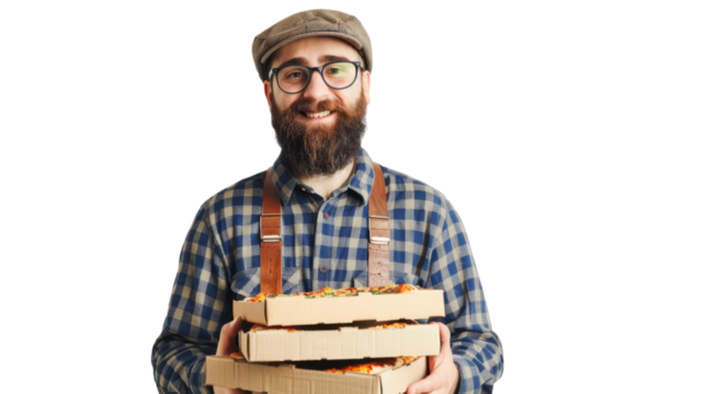 Smiling pizza maker holding pizza boxes on transparent background