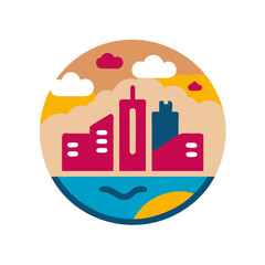 Vibrant cityscape with sunset and water