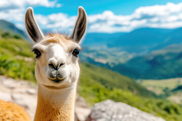 Obraz premium Majestic llama in sunny mountain landscape for nature appreciation and tranquil settings