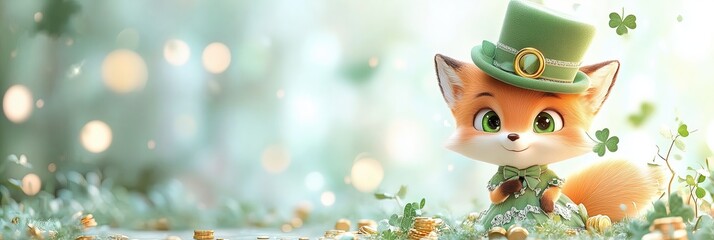 Fototapeta premium Cute fox celebrating saint patrick's day wearing green outfit