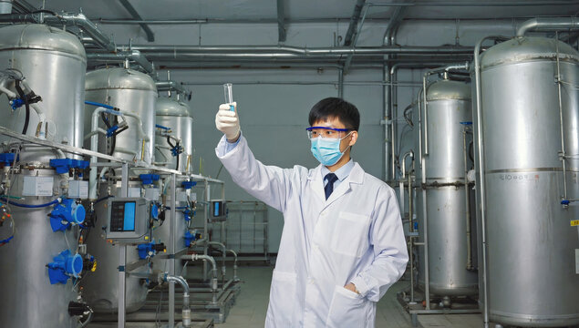 A scientist in a lab coat and protective gear examines a test tube in an industrial laboratory filled with large metallic equipment. The environment appears clean and organized