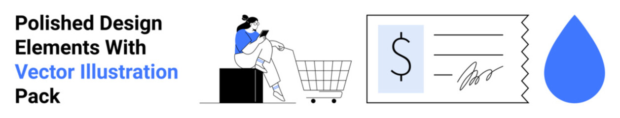 Woman browsing on smartphone near shopping cart, money receipt, and blue water drop. Ideal for e-commerce, online shopping, fintech, eco-friendly themes, marketing, design concepts and flat landing