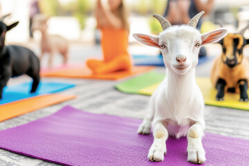 Peaceful yoga session with adorable goats on colorful mats for relaxation and fun outdoors