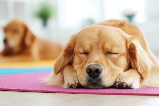Adorable golden retriever relaxing indoors depicting tranquility and contentment in a cozy home environment