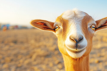 Obraz premium Playful camel pose goat on desert landscape with sunshine