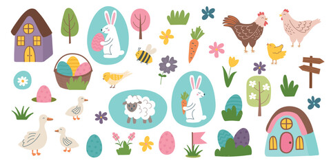 Easter elements collection. Easter pliparts isolated on white background. Easter concept. Vector hand drawn objects.