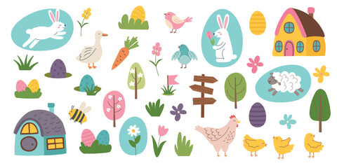 Easter objects collection. Easter pliparts isolated on white background. Easter concept. Vector hand drawn elements.