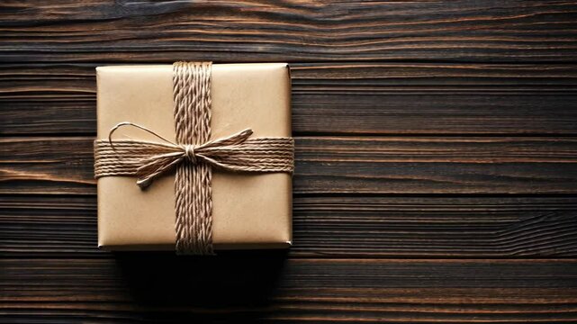 Wrapped gift on wooden table with rustic twine creates a warm, inviting atmosphere for celebrations and special occasions