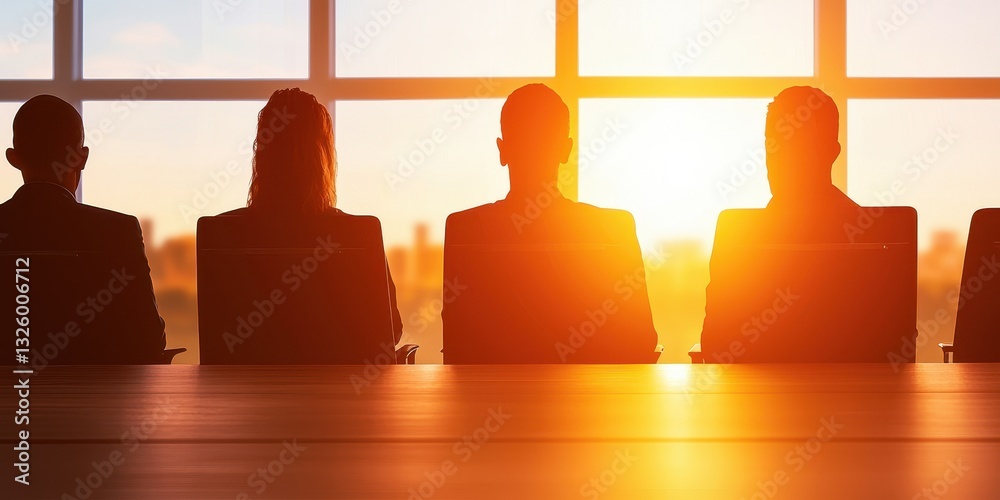 Poster silhouettes of individuals sitting at a table, facing a bright sunset through large windows, creatin