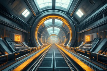 Obraz premium Futuristic sci-fi tunnel with glowing orange lights and industrial design