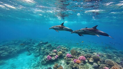 Obraz premium Two dolphins glide through the turquoise waters, showcasing their sleek bodies as they navigate above colorful coral reefs filled with marine life, creating a serene underwater landscape