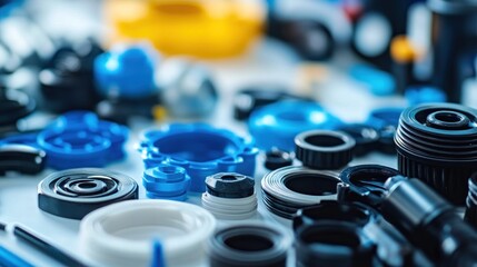Close-up of assorted plastic parts in blue, black, and white.